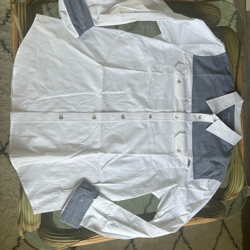 Guess White and Gray Collared Shirt